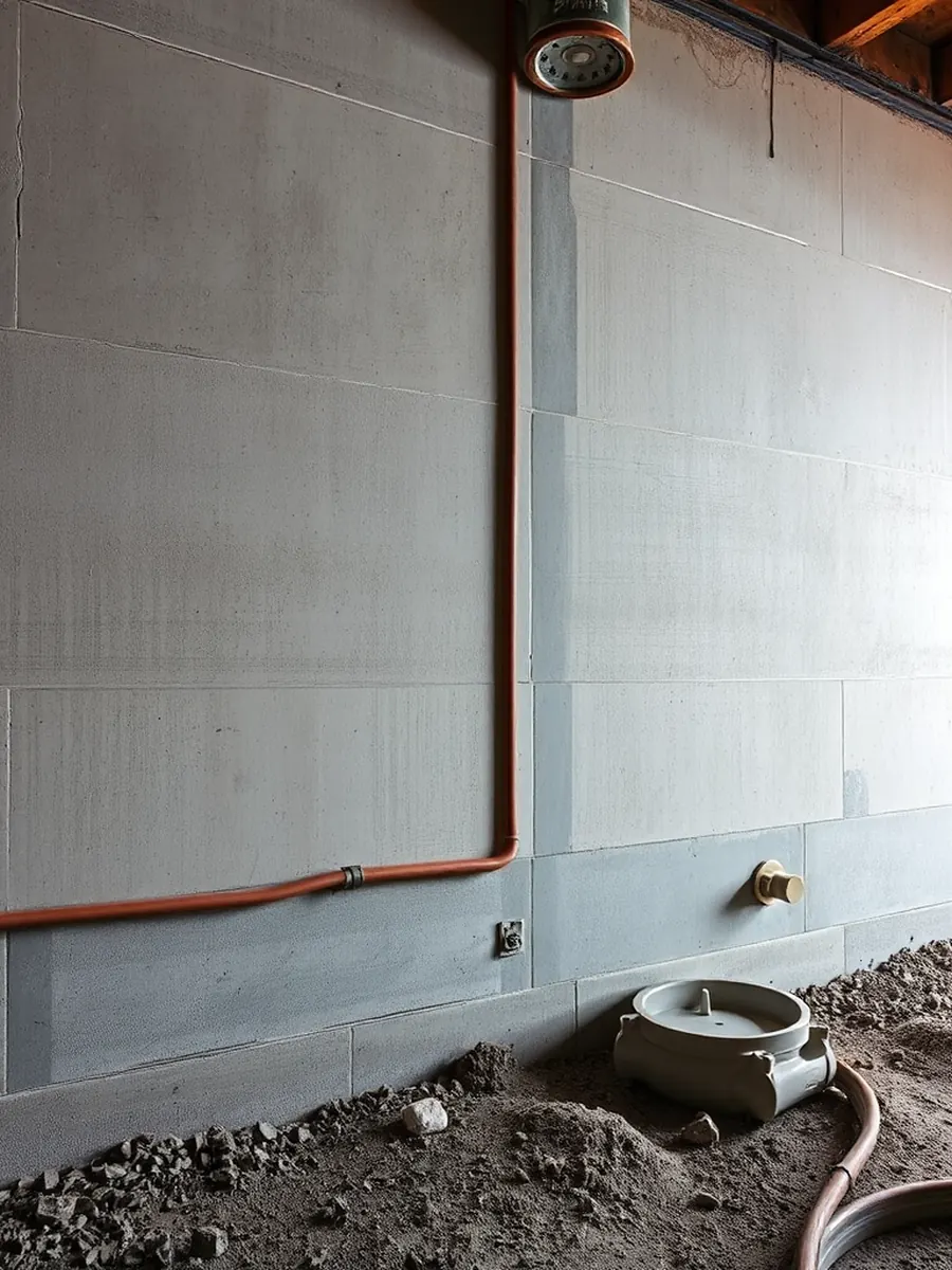 Waterproofed basement wall with interior drainage system